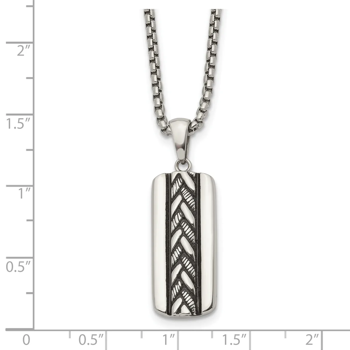 Silver-toned rectangular pendant with black striped chevron pattern down the center, hanging from a box chain necklace, shown against a ruler measuring approximately 1 inch in length.