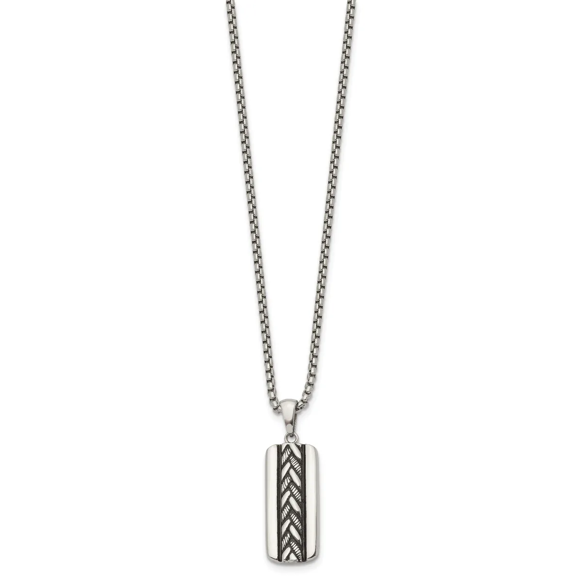 A silver rectangular pendant with a chevron pattern hangs from a silver chain necklace against a white background.
