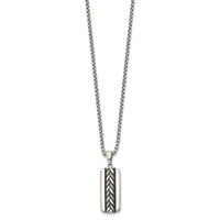 A silver rectangular pendant with a chevron pattern hangs from a silver chain necklace against a white background.