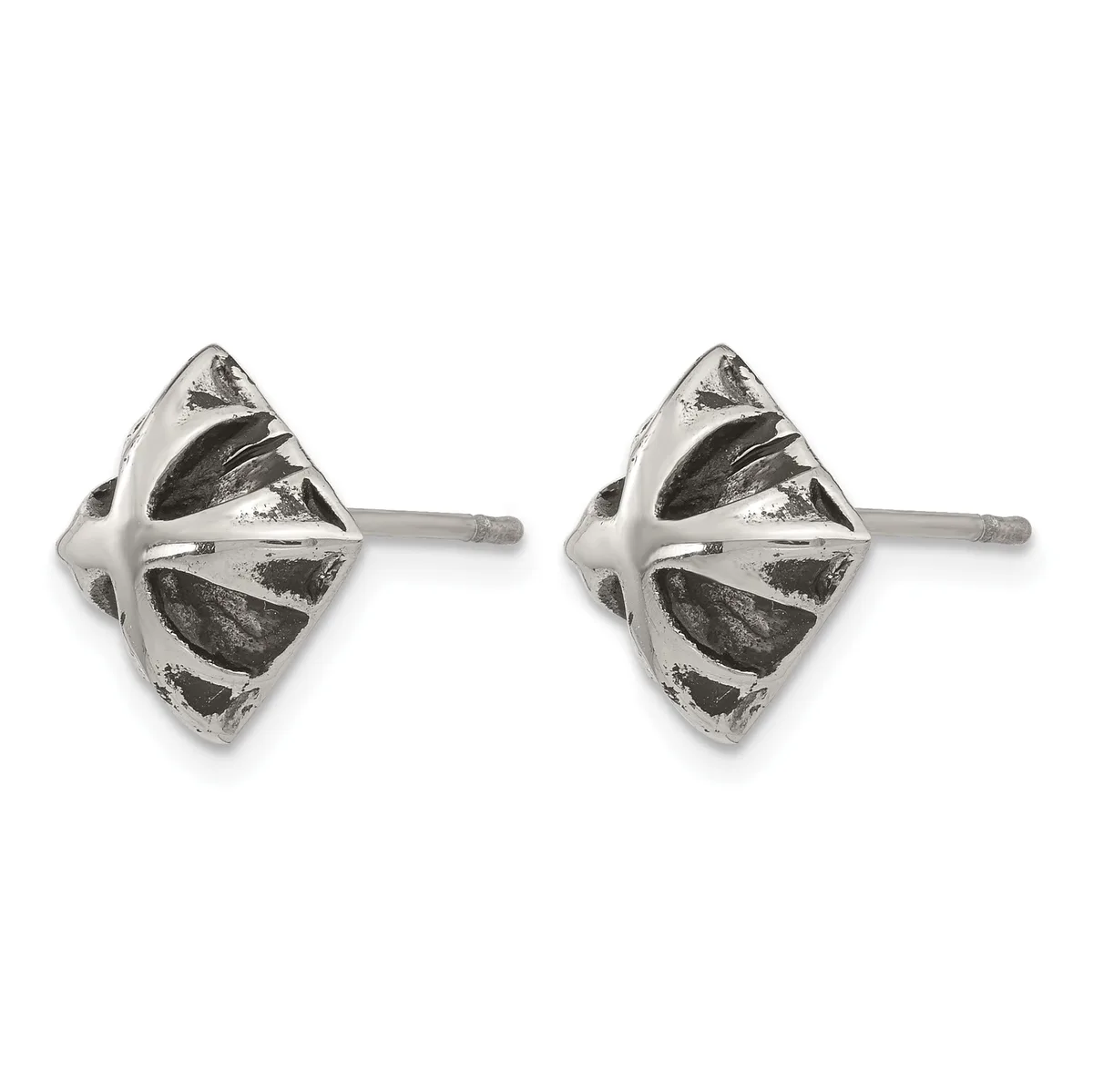 A pair of silver stud earrings with geometric four-pointed star designs featuring black oxidized details, shown from the front view.