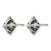 A pair of silver stud earrings with geometric four-pointed star designs featuring black oxidized details, shown from the front view.