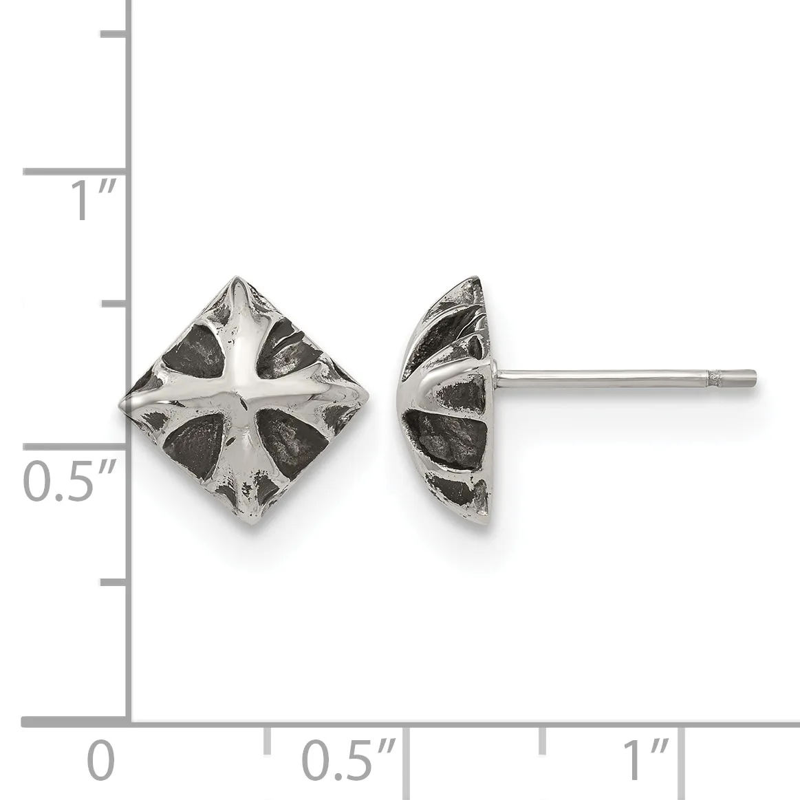 A pair of silver stud earrings with a square diamond shape featuring a cross pattern and dark oxidized sections, shown front and side view against a measurement scale.