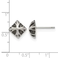 A pair of silver stud earrings with a square diamond shape featuring a cross pattern and dark oxidized sections, shown front and side view against a measurement scale.