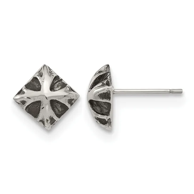 Pair of silver stud earrings with diamond-shaped faces featuring cross designs and dark stone inlays, shown from front and side views.