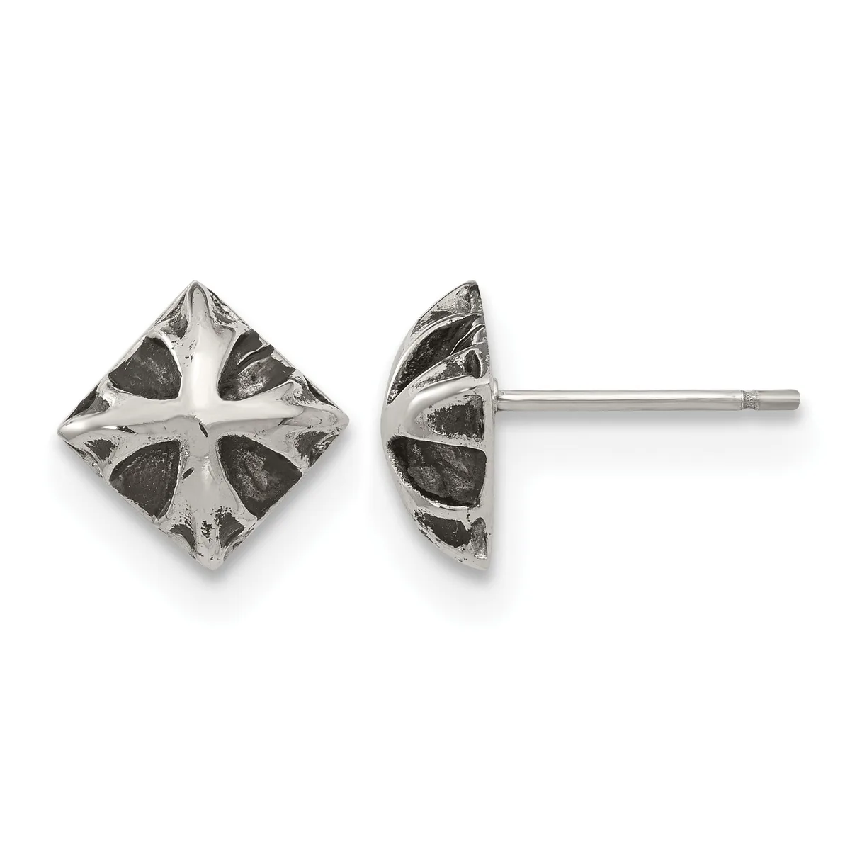 Pair of silver stud earrings with diamond-shaped faces featuring cross designs and dark stone inlays, shown from front and side views.