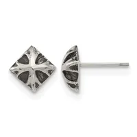 Pair of silver stud earrings with diamond-shaped faces featuring cross designs and dark stone inlays, shown from front and side views.