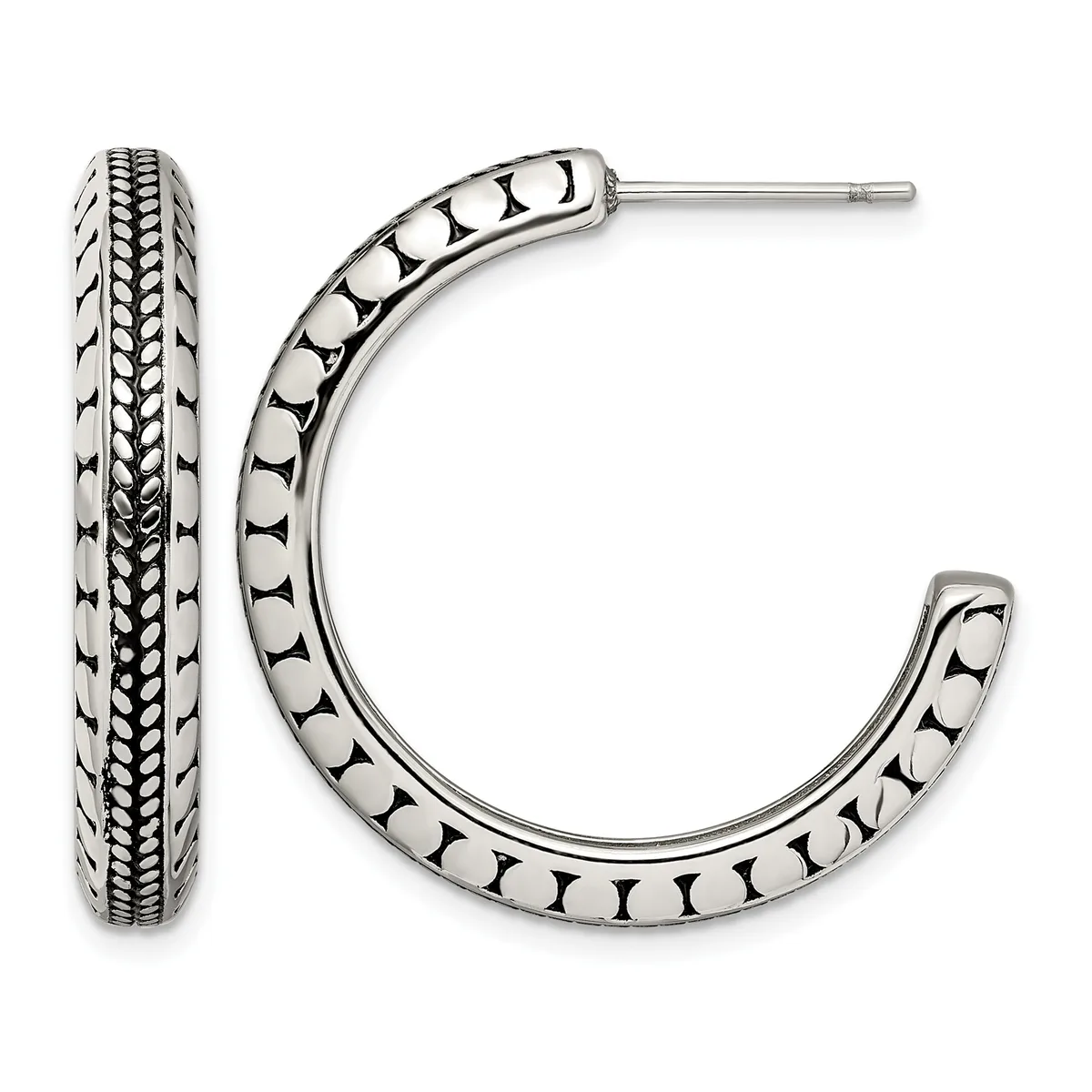 A pair of sterling silver hoop earrings with textured bead detailing along the curved surface, shown from front and side views.