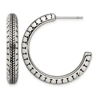 A pair of sterling silver hoop earrings with textured bead detailing along the curved surface, shown from front and side views.