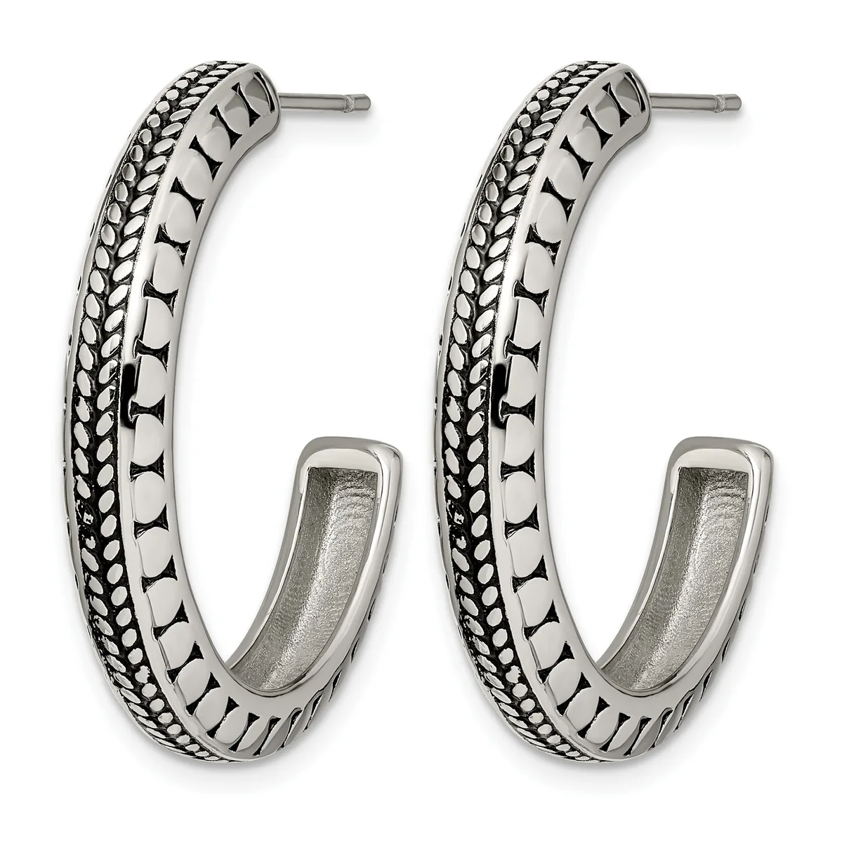 Pair of silver hoop earrings with textured braided and geometric linear patterns, shown from the front on posts.