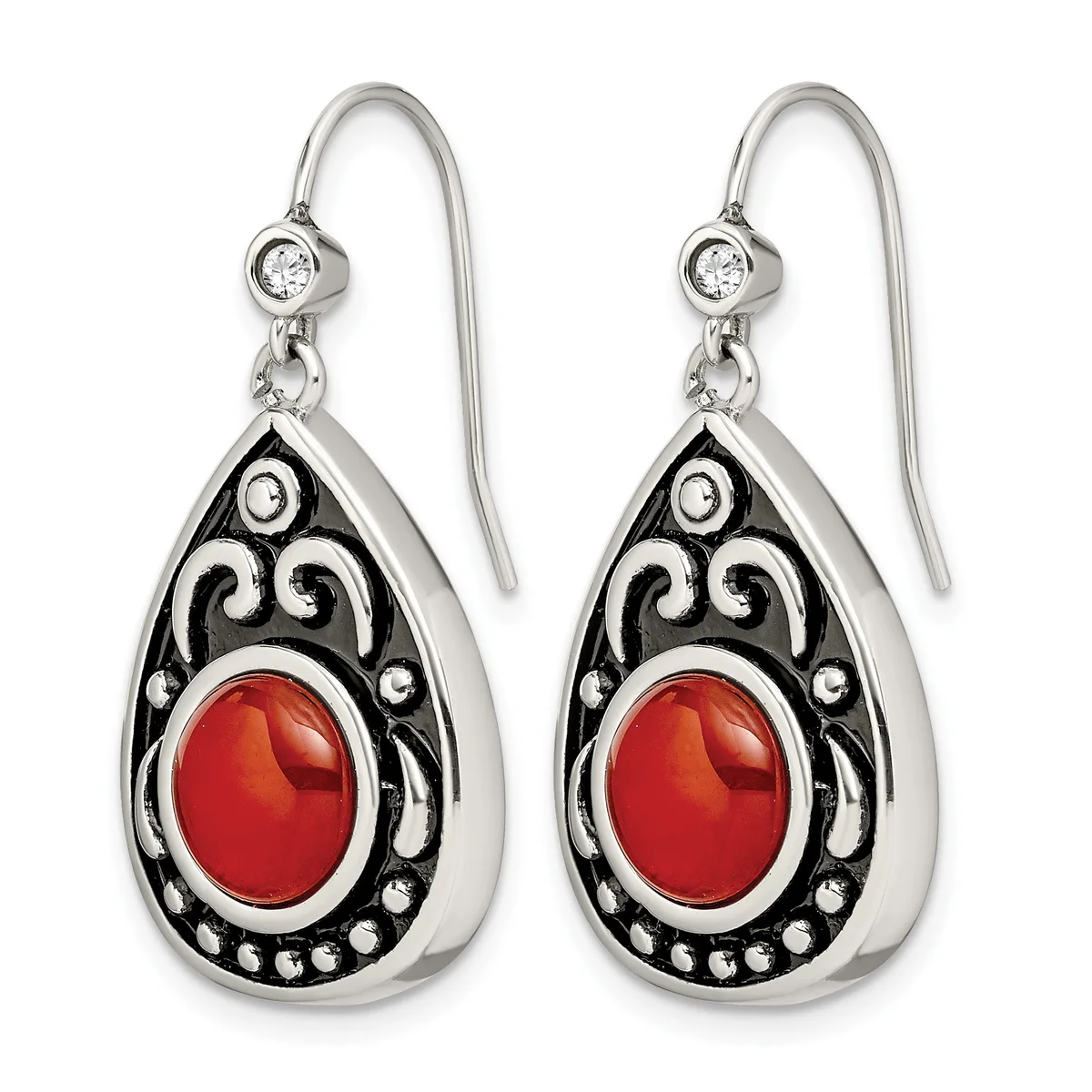 Pair of silver teardrop earrings with ornate black enamel scrollwork, red oval cabochon stones, small rhinestones, and matching fish hook wires with round crystal tops.