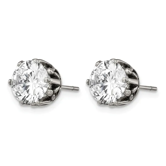 A pair of round brilliant-cut diamond stud earrings in white metal with post and butterfly backs, shown from the front.