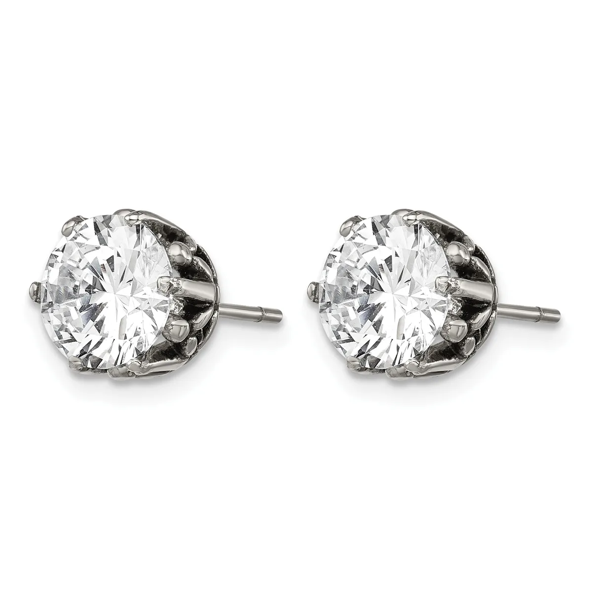 A pair of round brilliant-cut diamond stud earrings in white metal with post and butterfly backs, shown from the front.