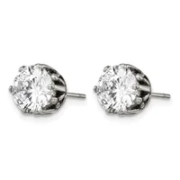 A pair of round brilliant-cut diamond stud earrings in white metal with post and butterfly backs, shown from the front.