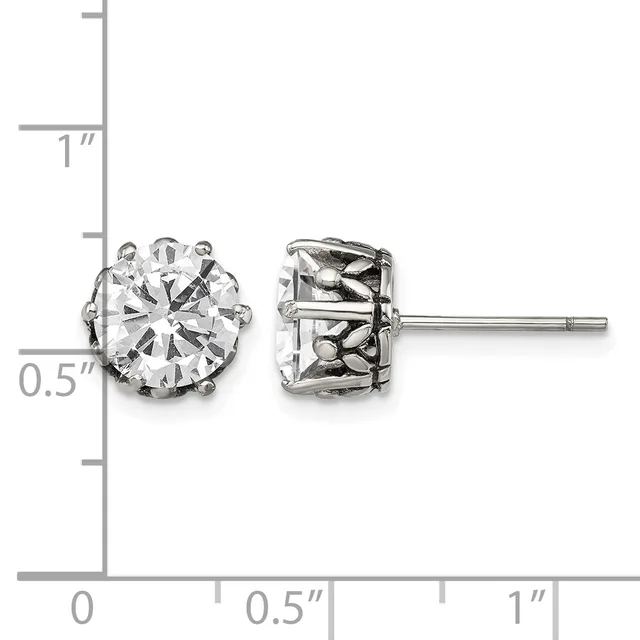 Pair of round brilliant-cut cubic zirconia stud earrings with ornate gallery backs shown against a ruler measuring approximately 0.5 inches in diameter.