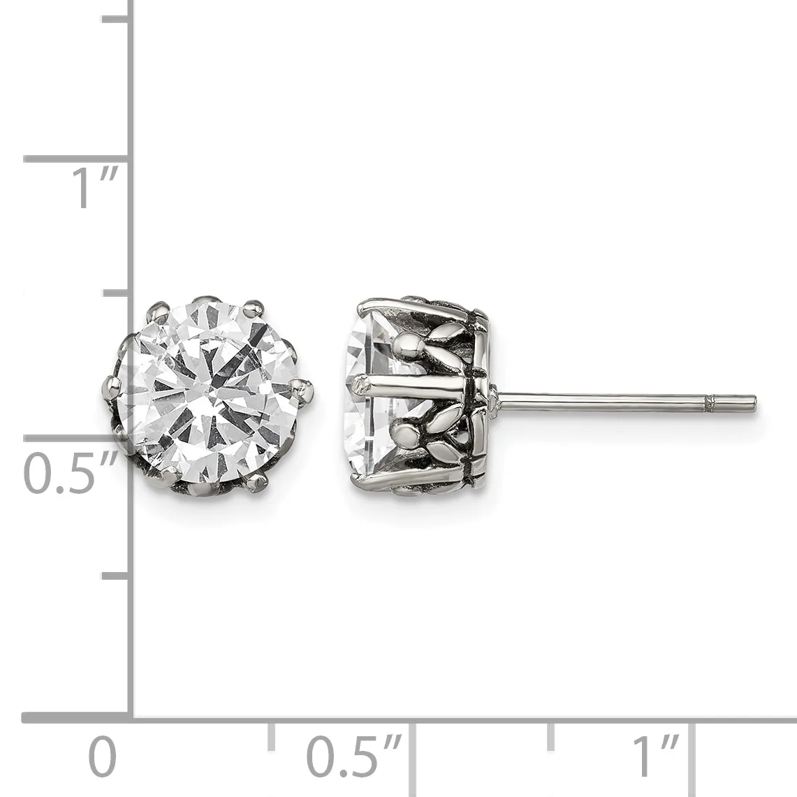 Pair of round brilliant-cut cubic zirconia stud earrings with ornate gallery backs shown against a ruler measuring approximately 0.5 inches in diameter.