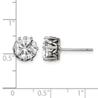 Pair of round brilliant-cut cubic zirconia stud earrings with ornate gallery backs shown against a ruler measuring approximately 0.5 inches in diameter.