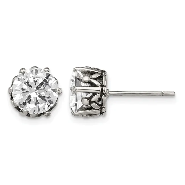 Pair of round cubic zirconia stud earrings in rhodium-plated sterling silver, shown from front and back views.