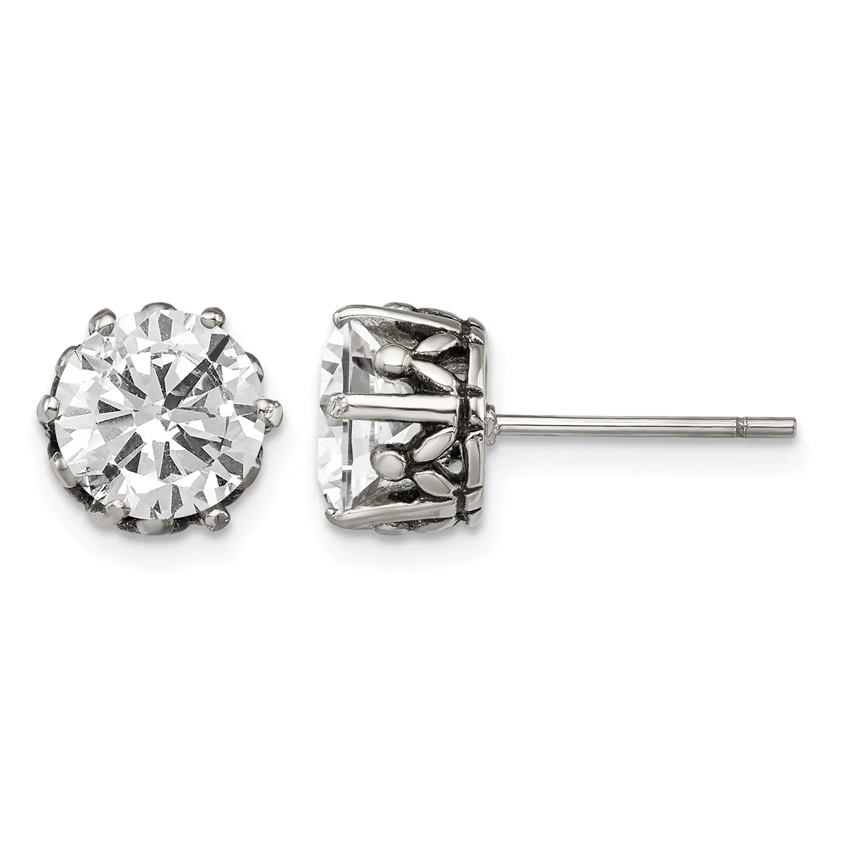 Pair of round cubic zirconia stud earrings in rhodium-plated sterling silver, shown from front and back views.