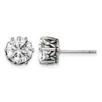 Pair of round cubic zirconia stud earrings in rhodium-plated sterling silver, shown from front and back views.