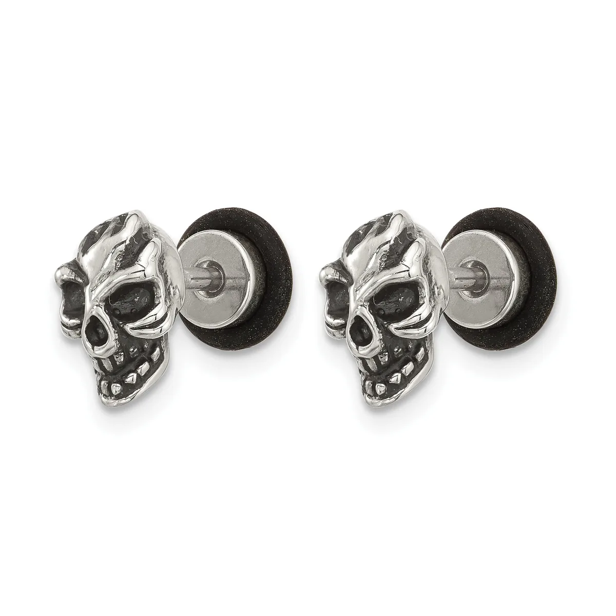 A pair of silver skull cufflinks with black onyx eyes and a black leather backing on the post, shown from the front.