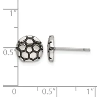 Pair of silver stud earrings with a honeycomb dome design, shown from front and side views with a measurement scale indicating approximately half-inch diameter.