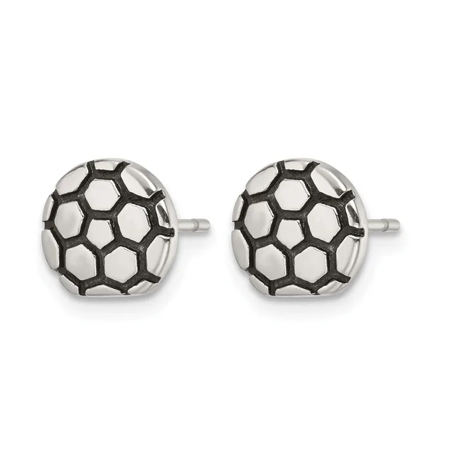 A pair of silver stud earrings featuring a buckminsterfullerene or geodesic dome pattern with oxidized black lines forming hexagonal and pentagonal sections on polished silver domes.