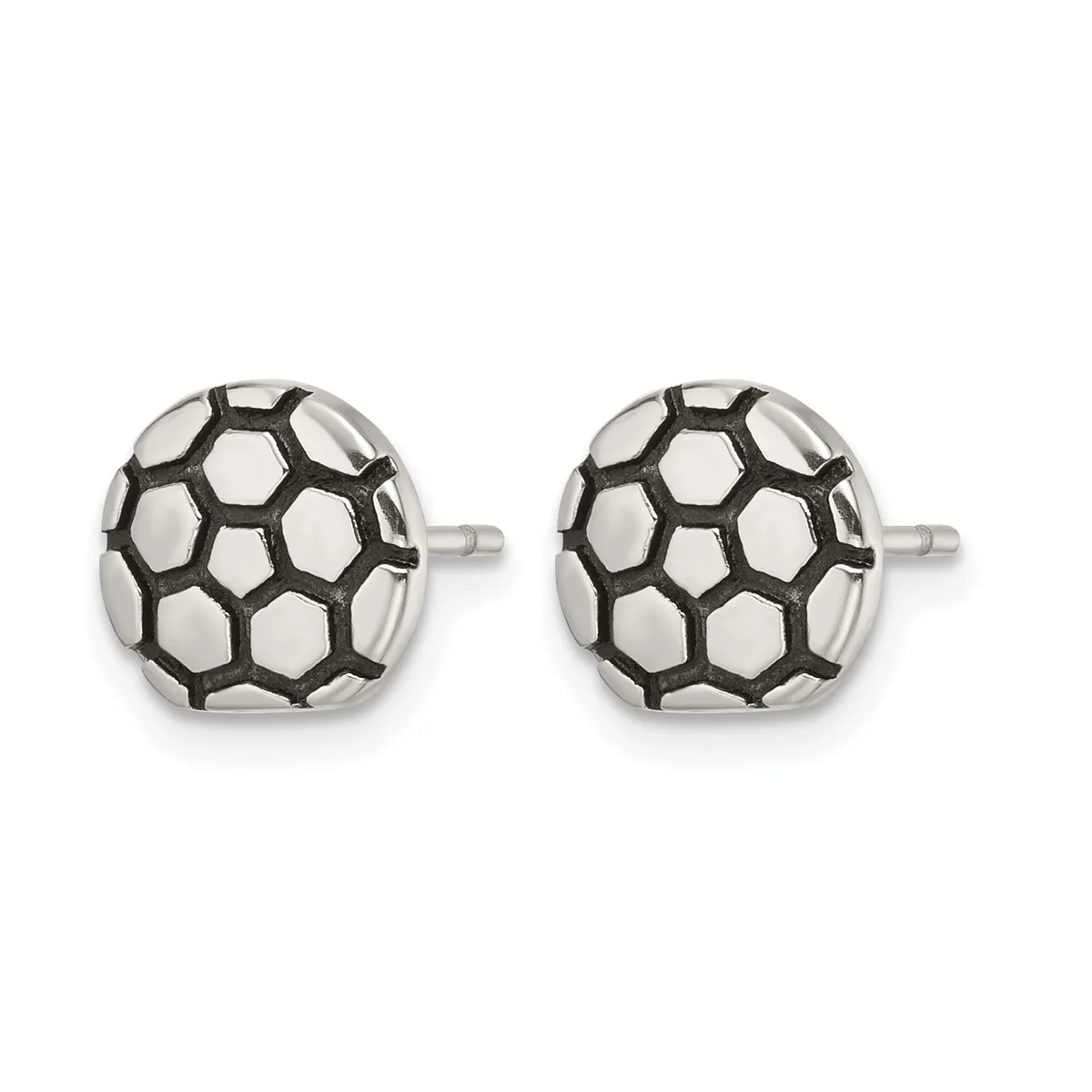 A pair of silver stud earrings featuring a buckminsterfullerene or geodesic dome pattern with oxidized black lines forming hexagonal and pentagonal sections on polished silver domes.