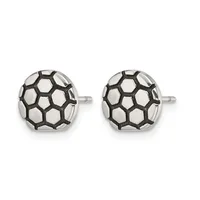 A pair of silver stud earrings featuring a buckminsterfullerene or geodesic dome pattern with oxidized black lines forming hexagonal and pentagonal sections on polished silver domes.