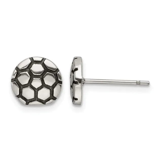 Pair of stud earrings with soccer ball design featuring hexagonal and pentagonal cutout pattern, shown from front and side view on silver posts.