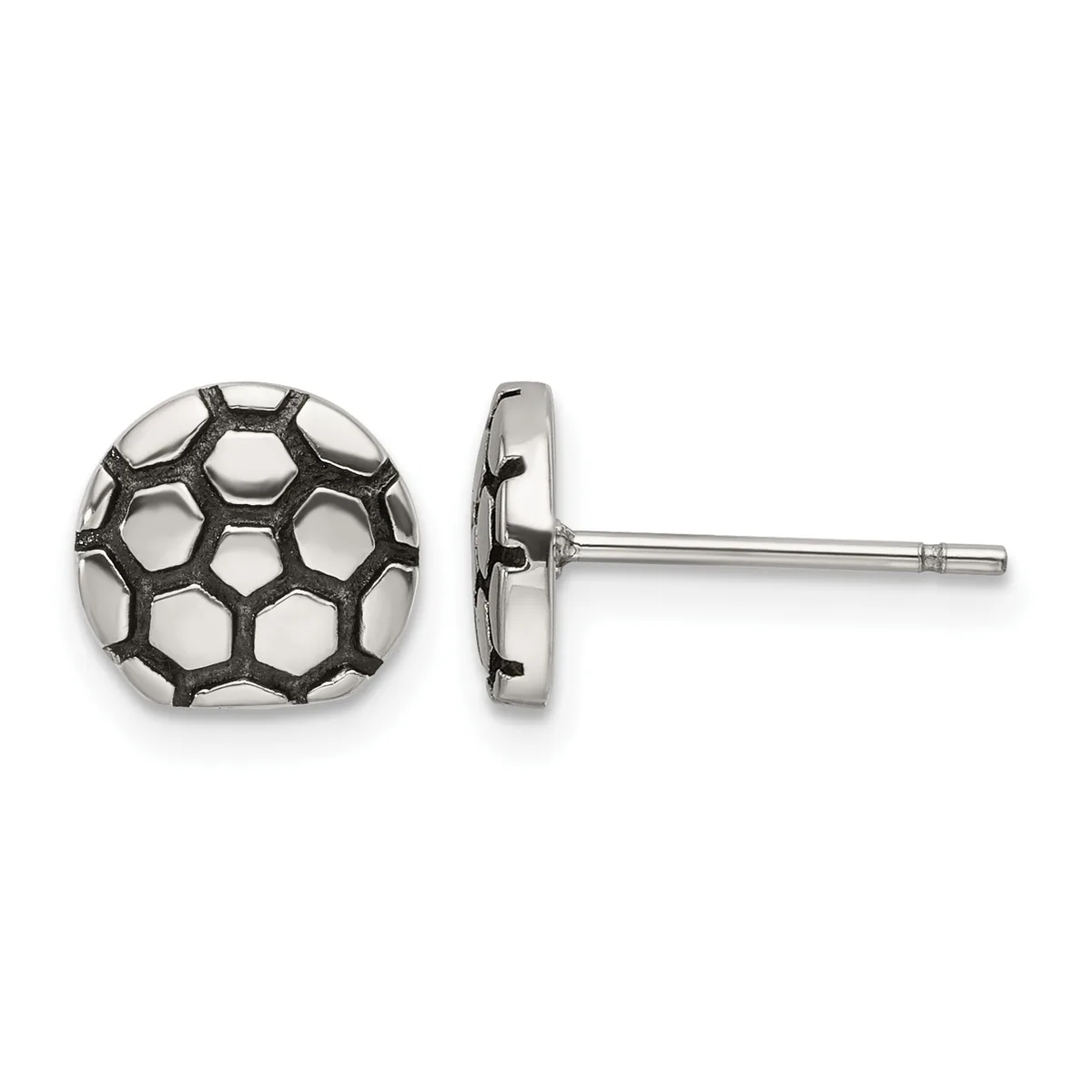 Pair of stud earrings with soccer ball design featuring hexagonal and pentagonal cutout pattern, shown from front and side view on silver posts.