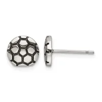 Pair of stud earrings with soccer ball design featuring hexagonal and pentagonal cutout pattern, shown from front and side view on silver posts.