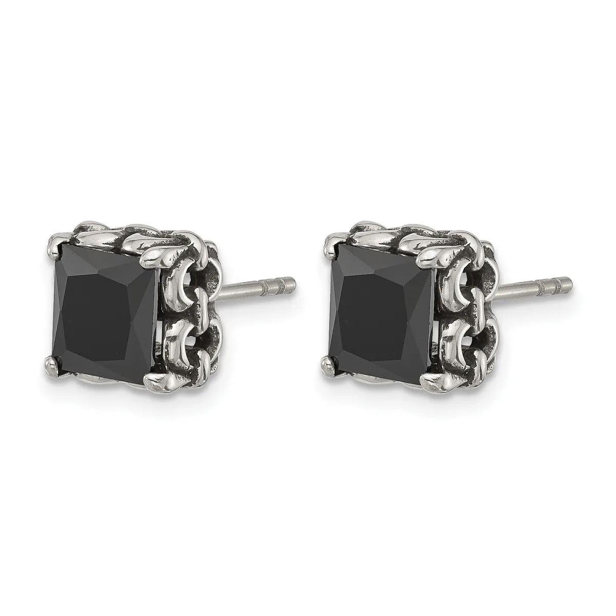 A pair of square black stone stud earrings with ornate silver-toned decorative frames, shown from the front.