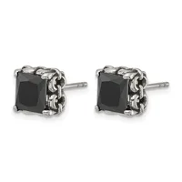 A pair of square black stone stud earrings with ornate silver-toned decorative frames, shown from the front.