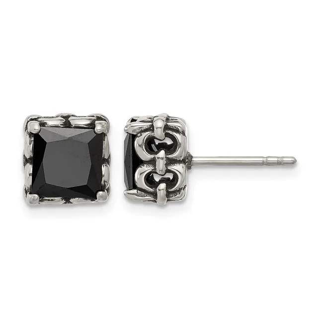 Pair of square stud earrings with black gemstones set in ornate silver-toned metal settings, shown from front and back views.