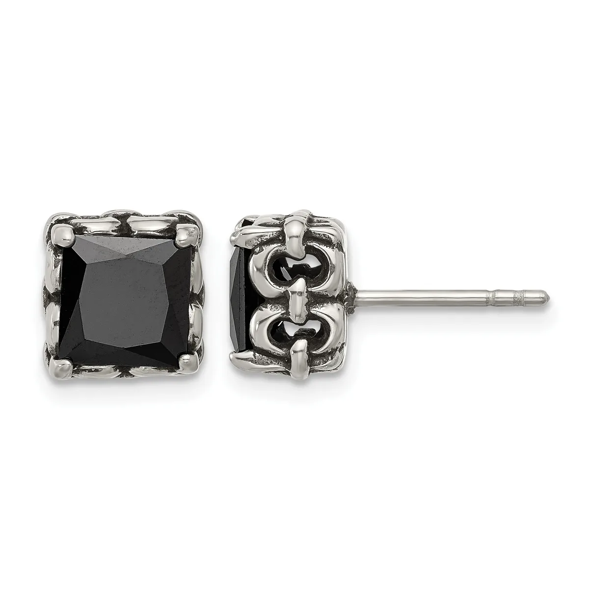 Pair of square stud earrings with black gemstones set in ornate silver-toned metal settings, shown from front and back views.