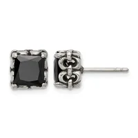 Pair of square stud earrings with black gemstones set in ornate silver-toned metal settings, shown from front and back views.