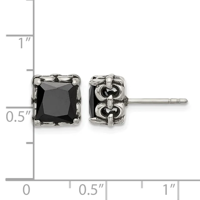 Pair of square stud earrings with black gemstones in ornate silver settings, shown at actual size next to a measurement ruler.