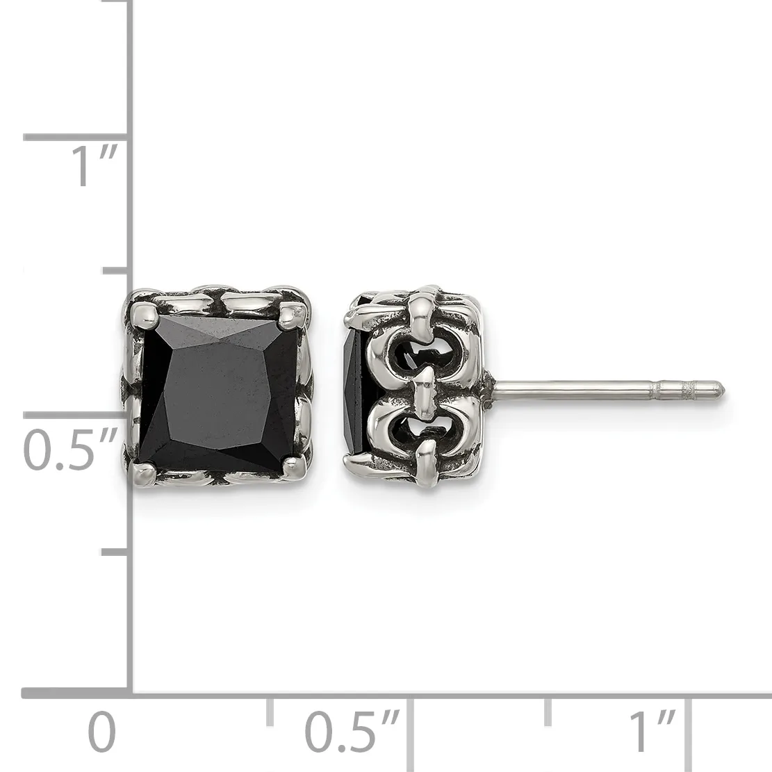 Pair of square stud earrings with black gemstones in ornate silver settings, shown at actual size next to a measurement ruler.