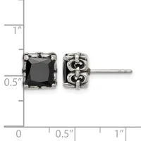 Pair of square stud earrings with black gemstones in ornate silver settings, shown at actual size next to a measurement ruler.