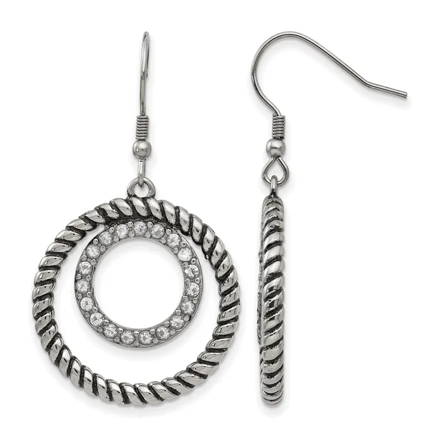 Pair of silver-tone dangle earrings with twisted rope-textured outer rings and crystal-embellished inner circles on fish hook wires.