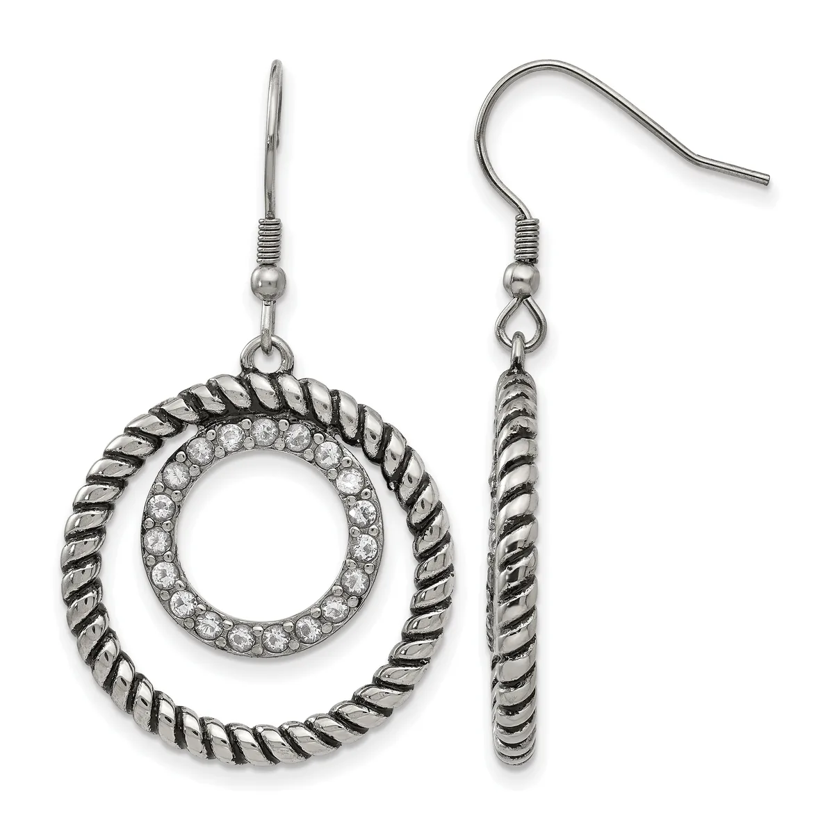 Pair of silver-tone dangle earrings with twisted rope-textured outer rings and crystal-embellished inner circles on fish hook wires.
