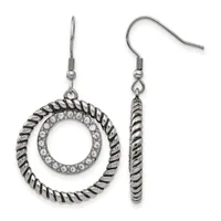 Pair of silver-tone dangle earrings with twisted rope-textured outer rings and crystal-embellished inner circles on fish hook wires.