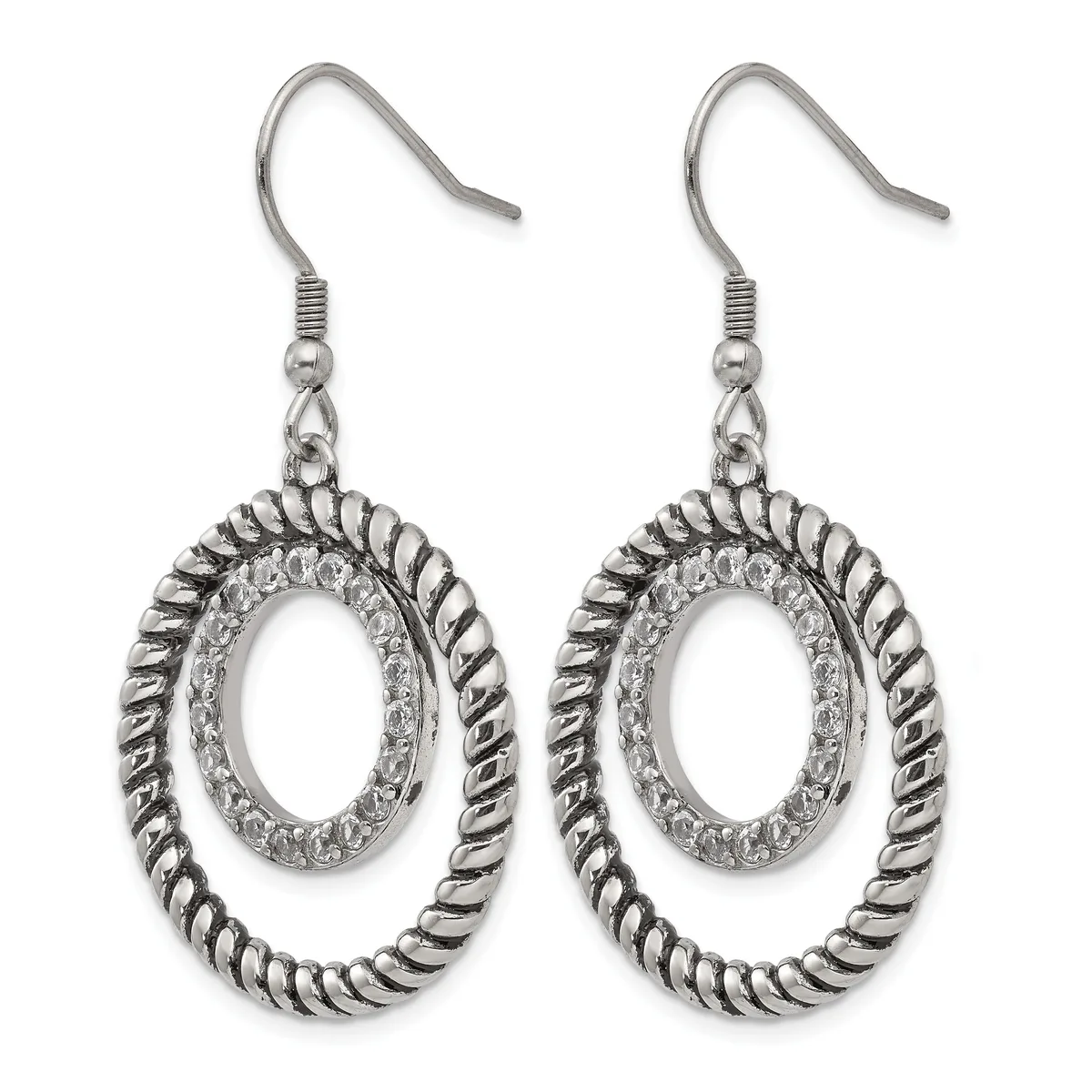 Pair of silver-toned dangle earrings with twisted oval frames surrounding textured oval centers, suspended from fish hook ear wires.