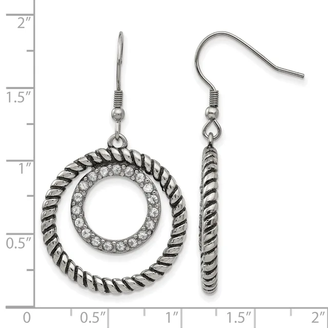 Pair of silver-tone twisted rope circle earrings with crystal rhinestone accents, shown on a measurement scale indicating approximately 1.5 inches in length.