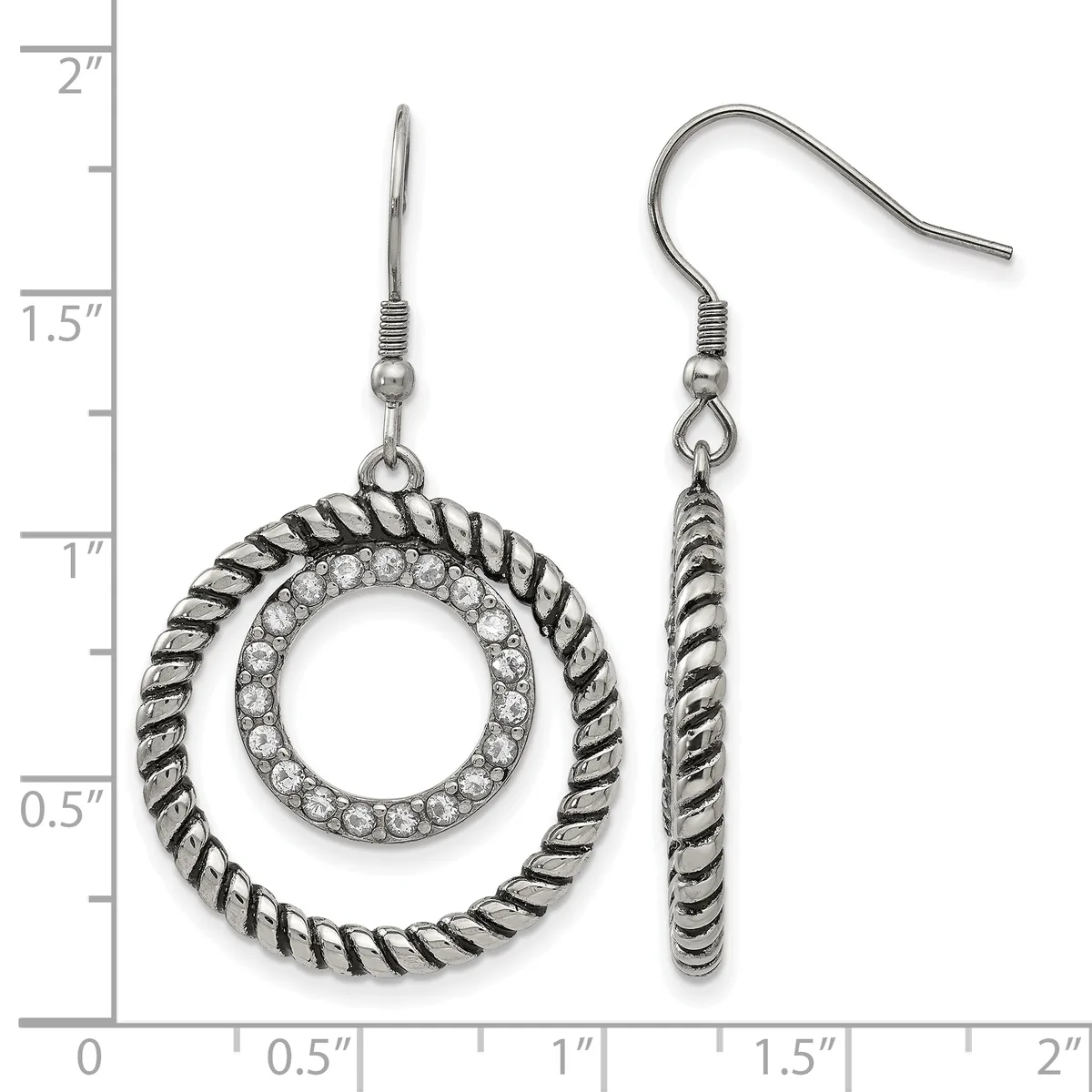 Pair of silver-tone twisted rope circle earrings with crystal rhinestone accents, shown on a measurement scale indicating approximately 1.5 inches in length.