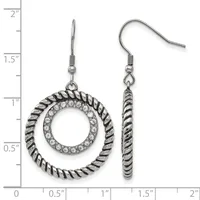 Pair of silver-tone twisted rope circle earrings with crystal rhinestone accents, shown on a measurement scale indicating approximately 1.5 inches in length.