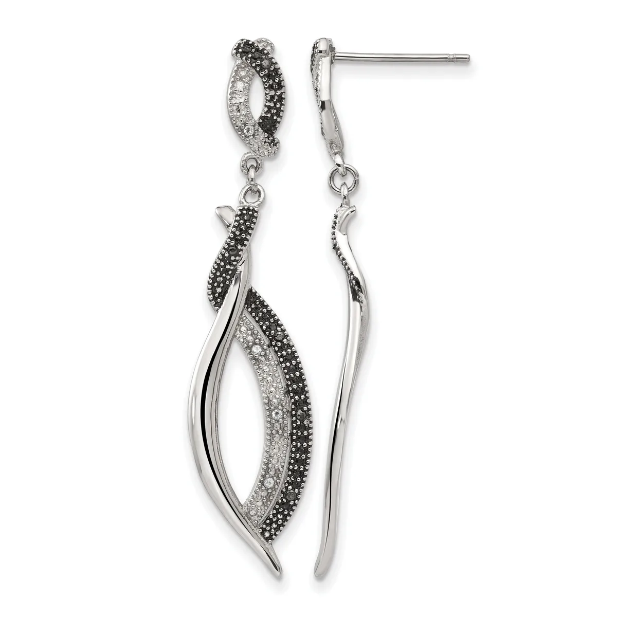Pair of silver-tone dangle earrings with textured oval tops and elongated leaf-shaped drops embellished with black and clear crystals.