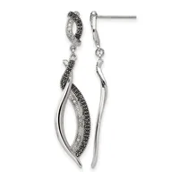 Pair of silver-tone dangle earrings with textured oval tops and elongated leaf-shaped drops embellished with black and clear crystals.