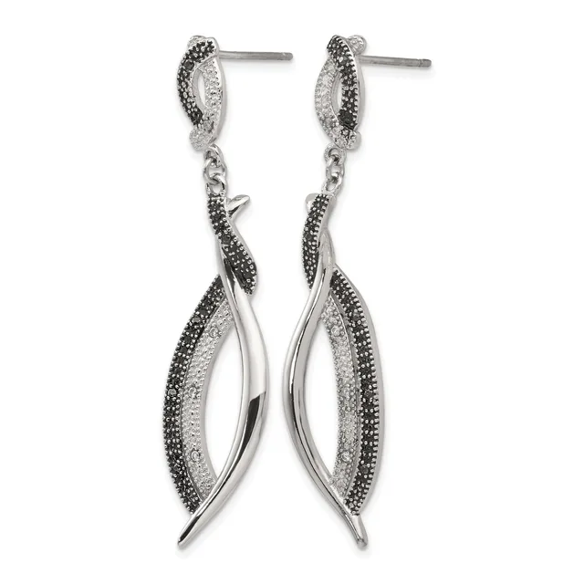 A pair of silver drop earrings with black and clear gemstones arranged in a twisted leaf pattern, displayed against a white background.