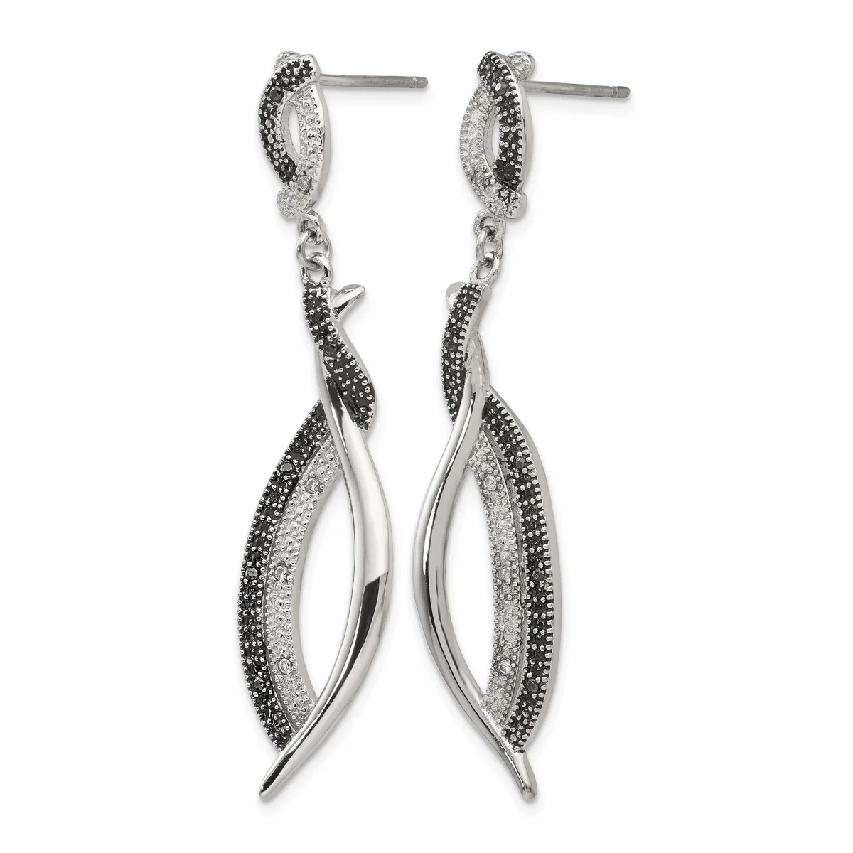 A pair of silver drop earrings with black and clear gemstones arranged in a twisted leaf pattern, displayed against a white background.
